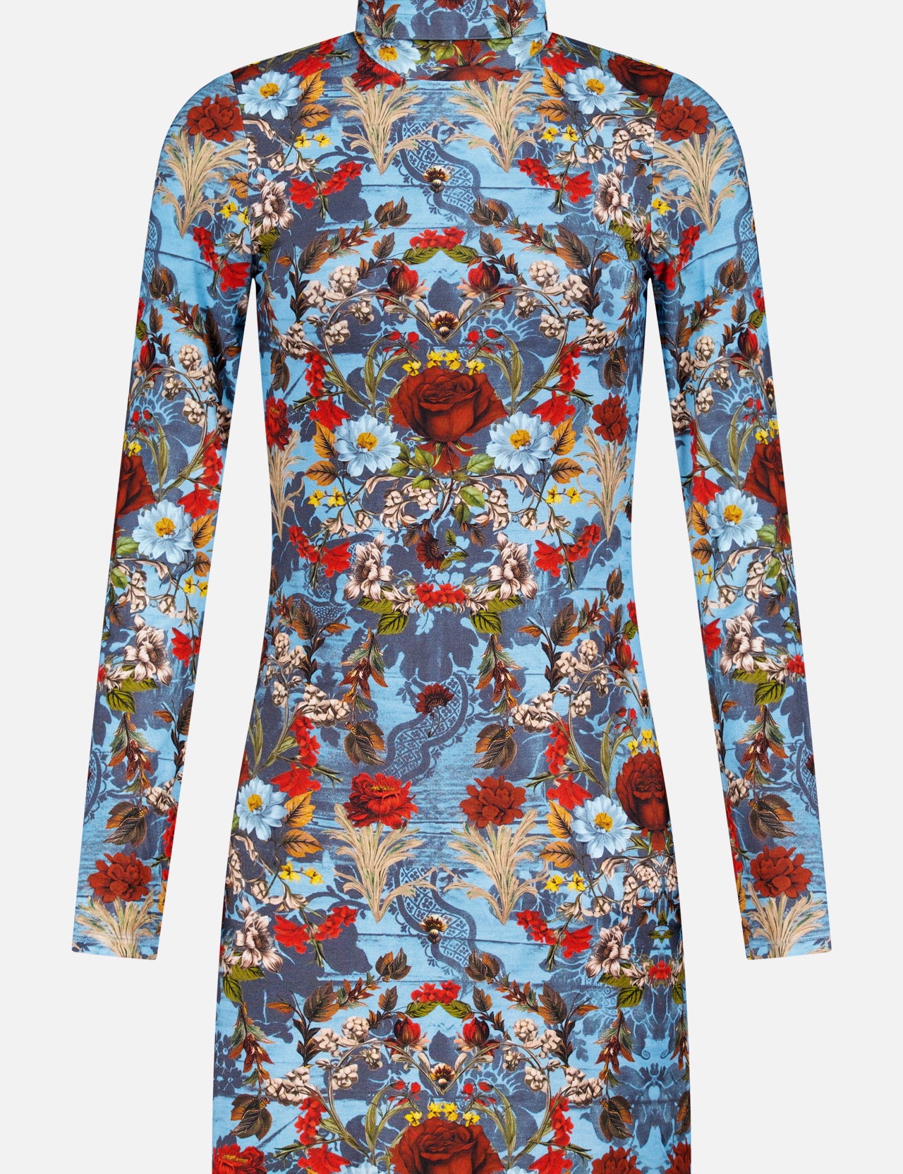 The ALICE + OLIVIA Delora Folded Turtleneck Mini Dress is a blue, body-skimming mini with long sleeves, a high neck, and features red roses, blue and white flowers, and greenery on a blue background.