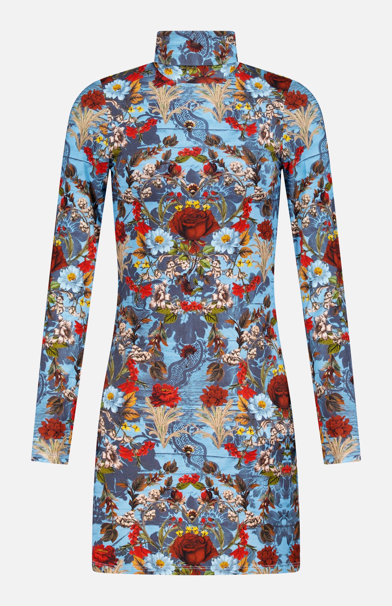 The ALICE + OLIVIA Delora Folded Turtleneck Mini Dress is a blue, body-skimming mini with long sleeves, a high neck, and features red roses, blue and white flowers, and greenery on a blue background.