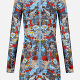 The Delora Folded Turtleneck Mini Dress by ALICE + OLIVIA features long sleeves, a body-skimming fit, bold red, white, and yellow florals on blue, and a back zipper.