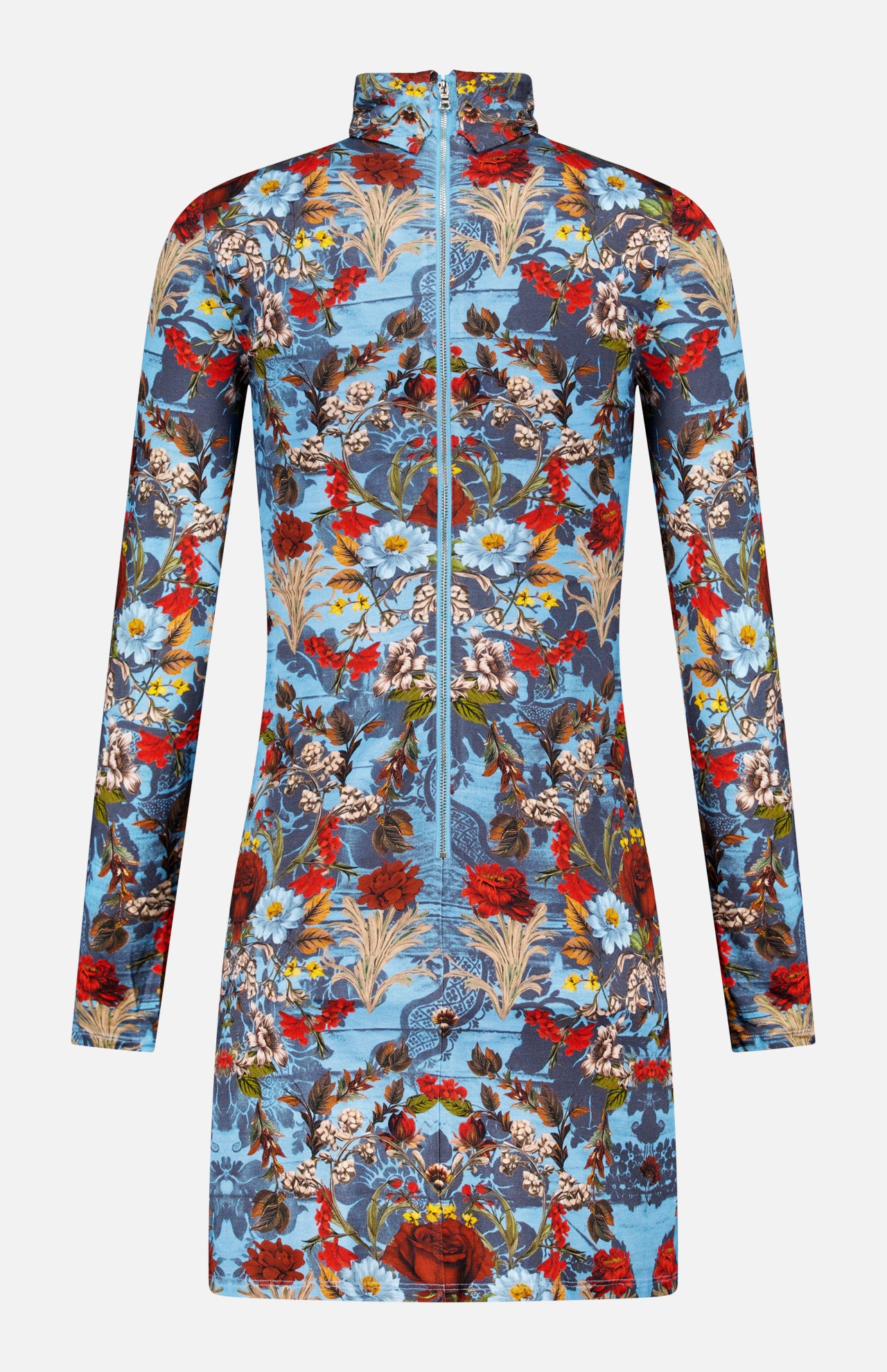 The Delora Folded Turtleneck Mini Dress by ALICE + OLIVIA features long sleeves, a body-skimming fit, bold red, white, and yellow florals on blue, and a back zipper.