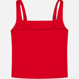 The Devin Side Panel Tank Top by ALICE + OLIVIA, featuring a bright red hue, sleeveless design, square neckline, and adjustable straps, is displayed flat on a white background.