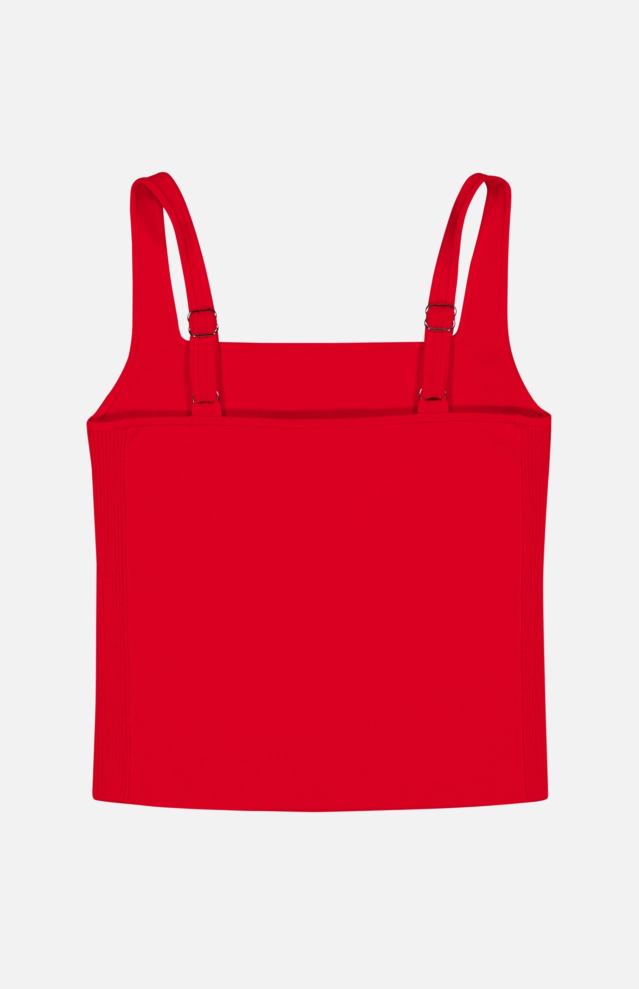 The Devin Side Panel Tank Top by ALICE + OLIVIA, featuring a bright red hue, sleeveless design, square neckline, and adjustable straps, is displayed flat on a white background.
