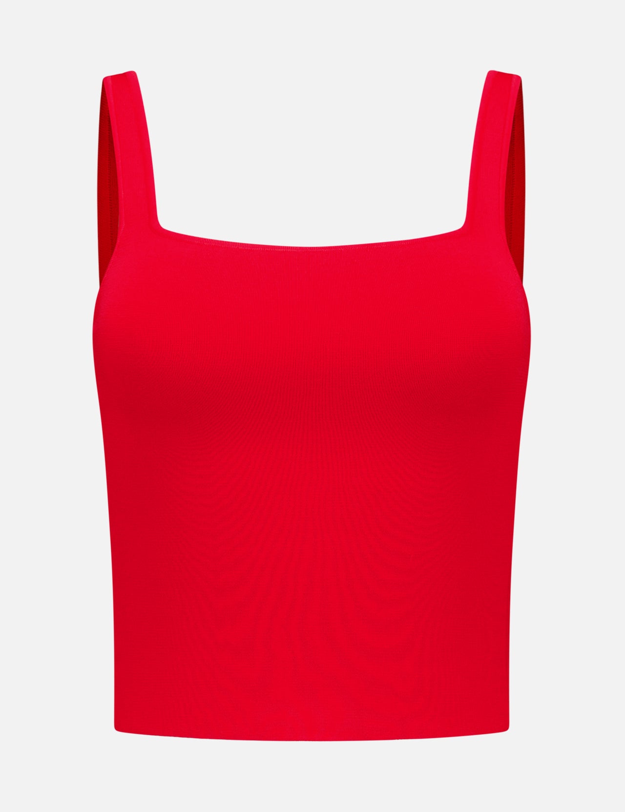 The Devin Side Panel Tank Top by ALICE + OLIVIA is a vibrant red, sleeveless crop top featuring a square neckline and wide shoulder straps, showcased against a plain white background.