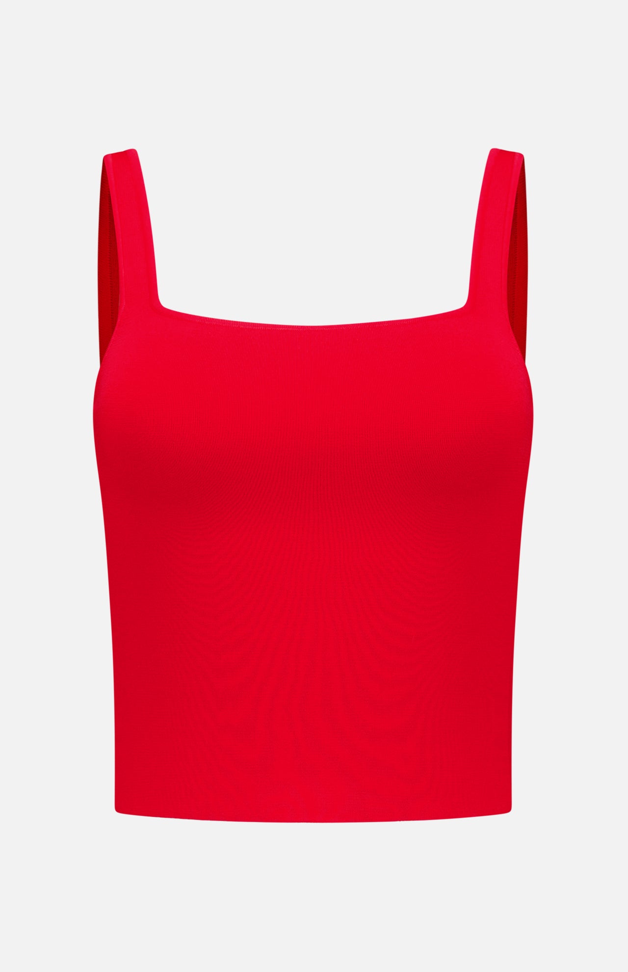 The Devin Side Panel Tank Top by ALICE + OLIVIA is a vibrant red, sleeveless crop top featuring a square neckline and wide shoulder straps, showcased against a plain white background.