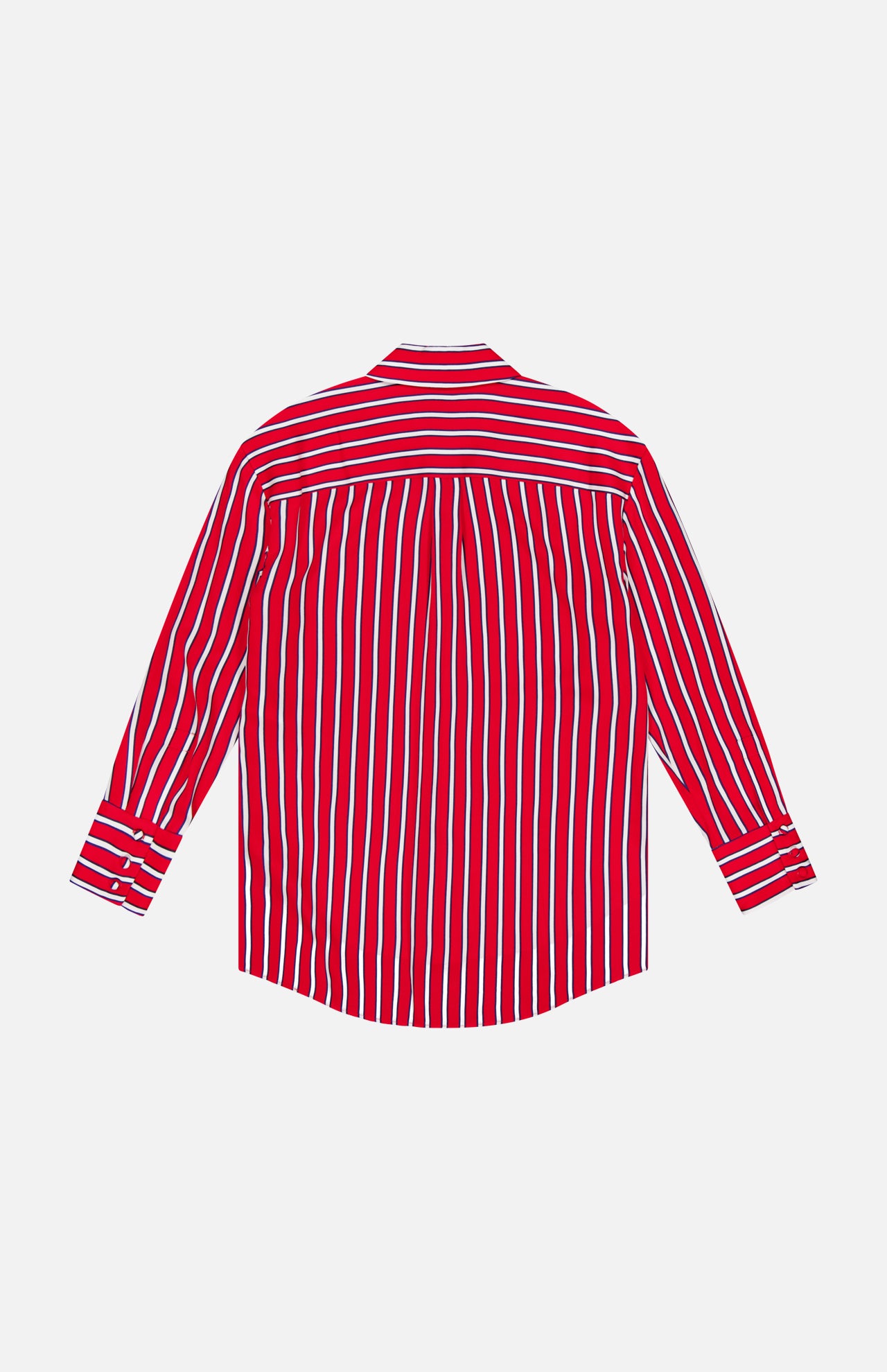 The ALICE + OLIVIA Dimitra Oversized High Low Button Down Shirt features red, white, and blue vertical stripes. Displayed flat with the back facing up against a plain white background.
