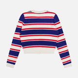 The Dollie Striped Cable Cardigan by ALICE + OLIVIA is a long-sleeve knit sweater with blue, red, and white horizontal stripes, shown flat with its back facing up on a plain white background.