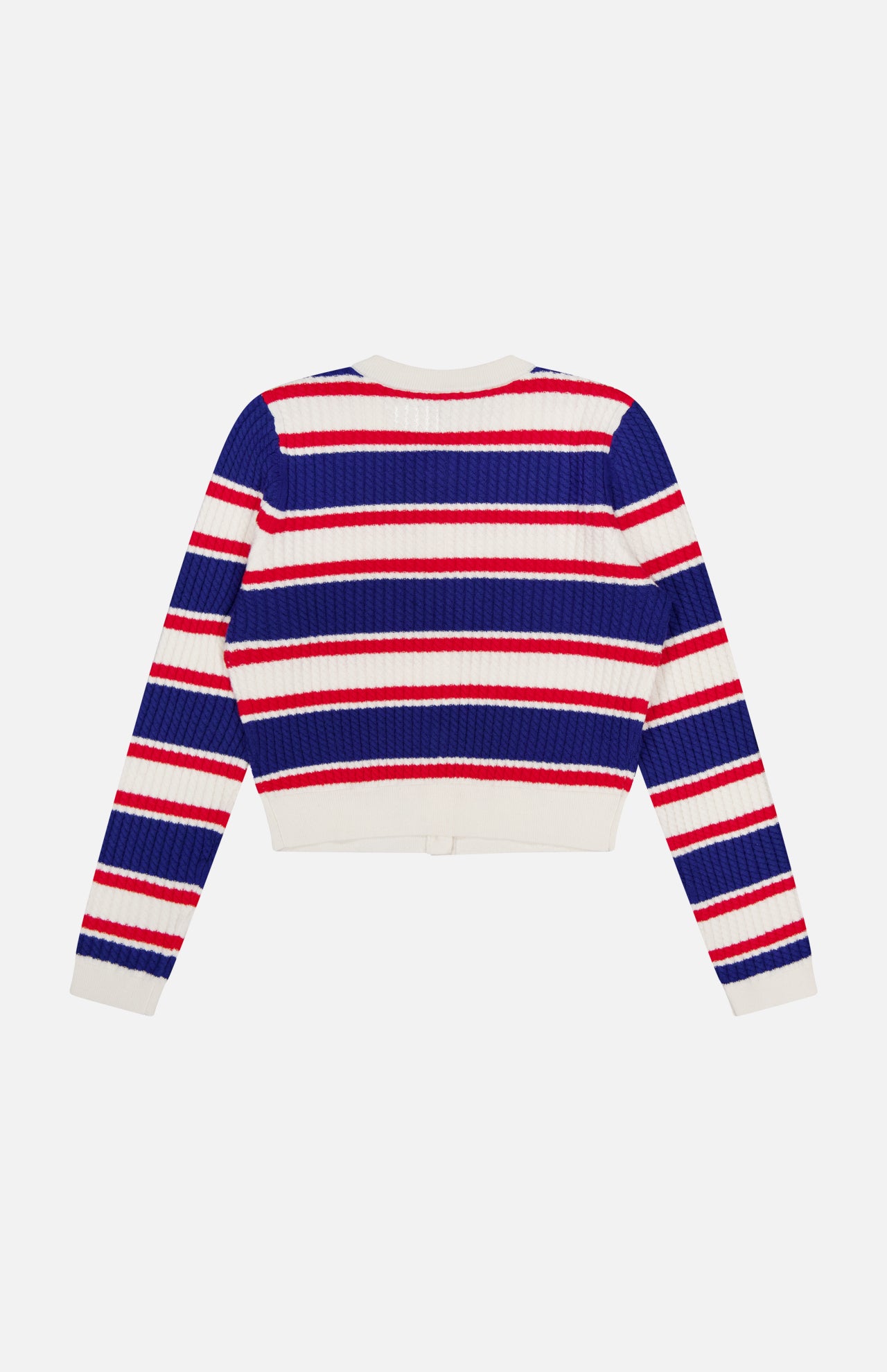 The Dollie Striped Cable Cardigan by ALICE + OLIVIA is a long-sleeve knit sweater with blue, red, and white horizontal stripes, shown flat with its back facing up on a plain white background.