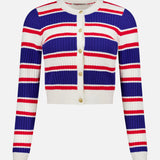 The ALICE + OLIVIA Dollie Striped Cable Cardigan features bold red, white, and blue stripes, gold statement buttons, long sleeves, and ribbed knit texture for a stylish cropped look.