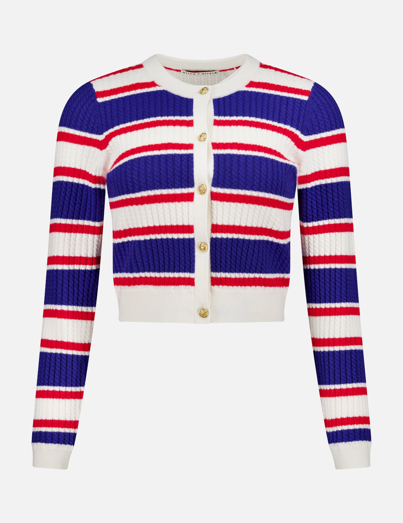 The ALICE + OLIVIA Dollie Striped Cable Cardigan features bold red, white, and blue stripes, gold statement buttons, long sleeves, and ribbed knit texture for a stylish cropped look.
