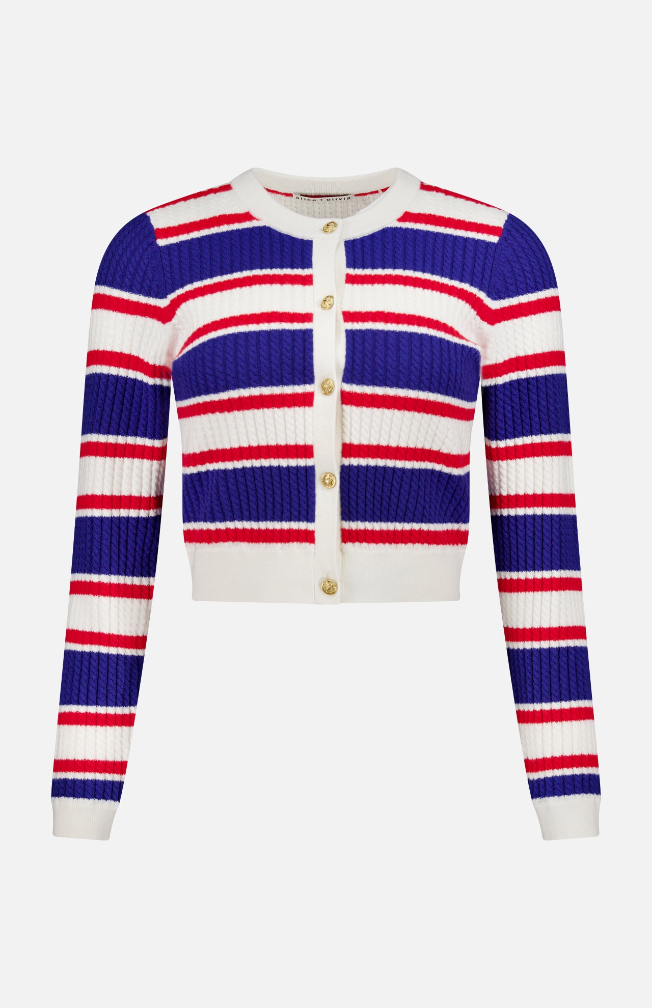 The ALICE + OLIVIA Dollie Striped Cable Cardigan features bold red, white, and blue stripes, gold statement buttons, long sleeves, and ribbed knit texture for a stylish cropped look.