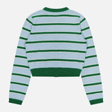 The ALICE + OLIVIA Dollie Striped and Cropped Cardigan features long sleeves, green and white horizontal stripes, solid green cuffs, hem, and collar, shown on a plain white background.