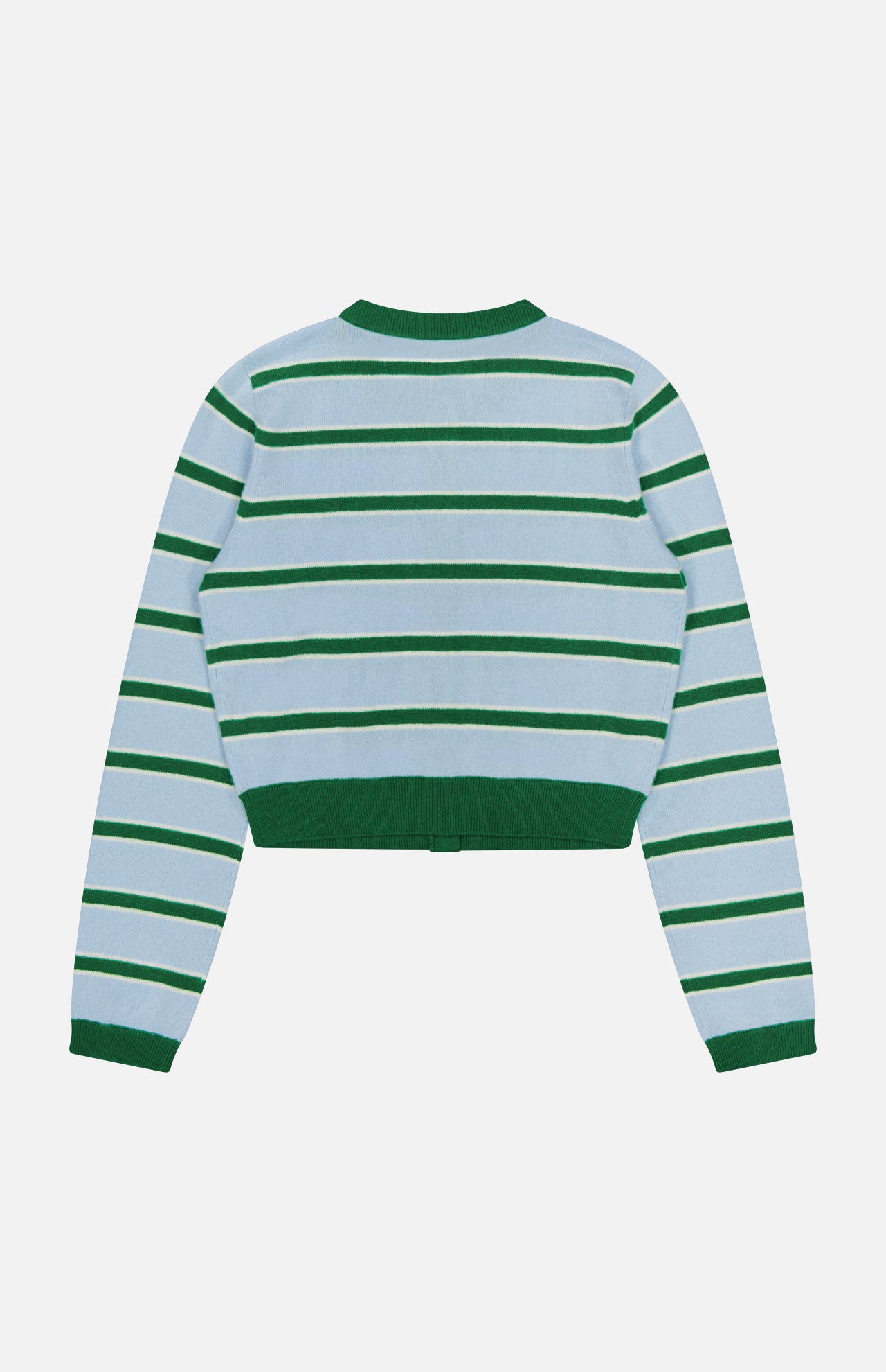 The ALICE + OLIVIA Dollie Striped and Cropped Cardigan features long sleeves, green and white horizontal stripes, solid green cuffs, hem, and collar, shown on a plain white background.