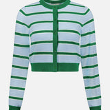 The ALICE + OLIVIA Dollie Striped and Cropped Cardigan features green and white stripes, green buttons, and ribbed trims. This stylish cardigan is shown against a plain white background.