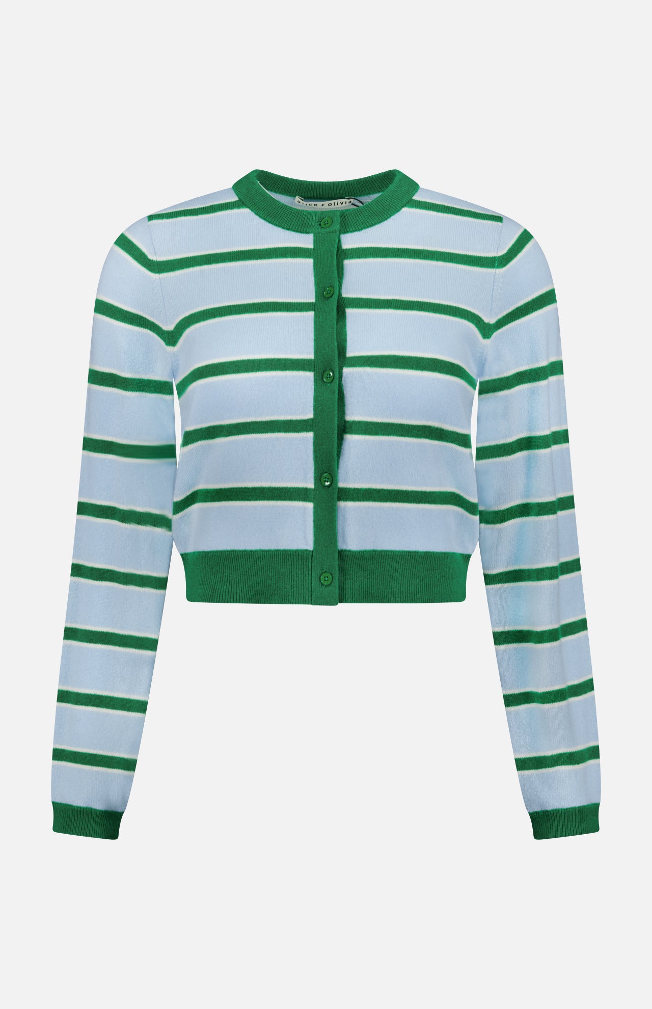 The ALICE + OLIVIA Dollie Striped and Cropped Cardigan features green and white stripes, green buttons, and ribbed trims. This stylish cardigan is shown against a plain white background.