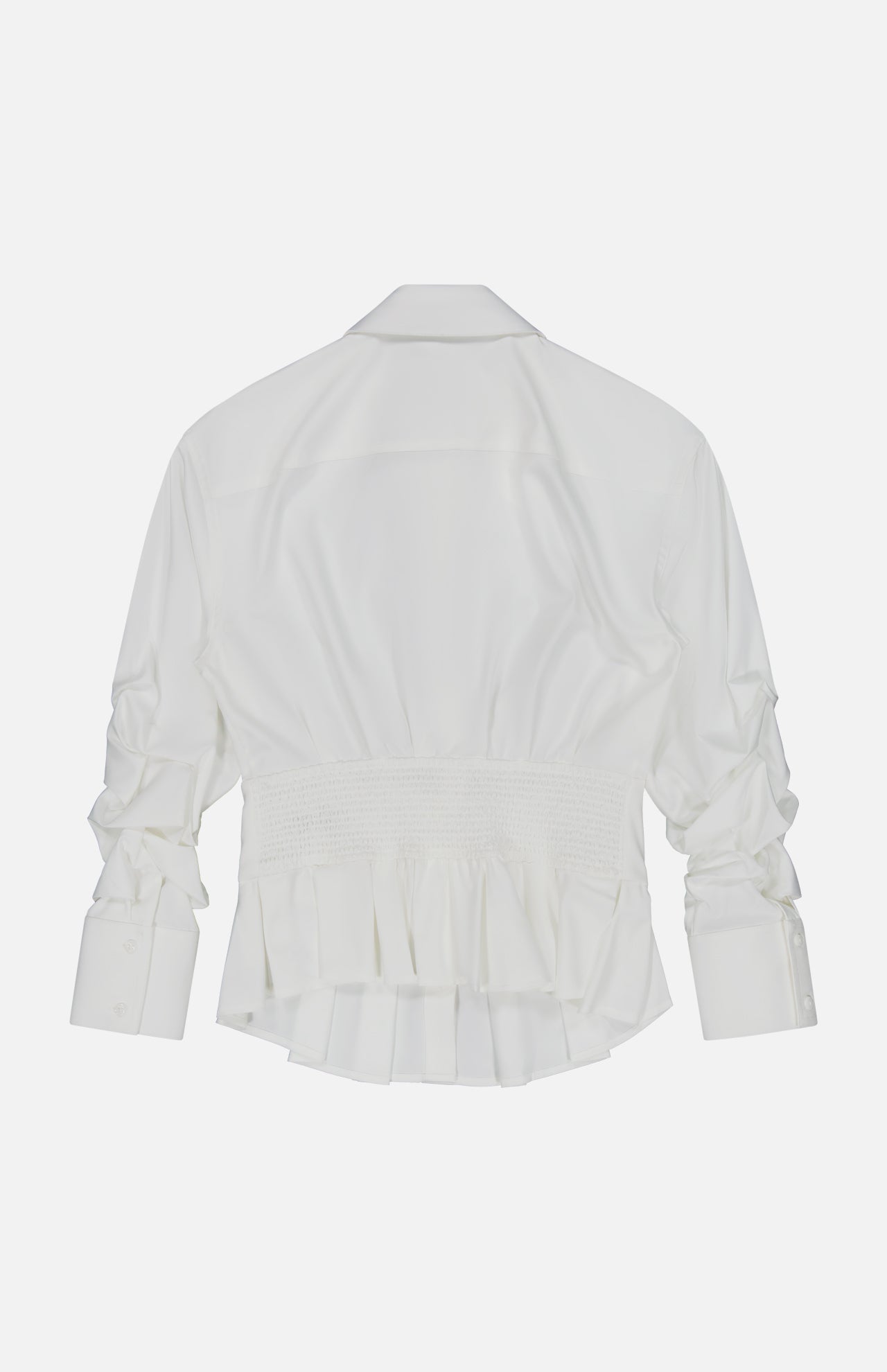 The Edle Gathered Corset Button Down Top by ALICE + OLIVIA is an off-white long-sleeve blouse, featuring gathered sleeves, a wide structured waist inspired by corset detailing, and a ruffled hem. The top is displayed flat against a light gray background, shown from the back.