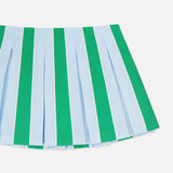 The Emilie Low Rise Wide Pleated Mini Skirt by ALICE + OLIVIA features blue and green stripes with alternating vertical pleats in a preppy knit style, displayed on a white background.