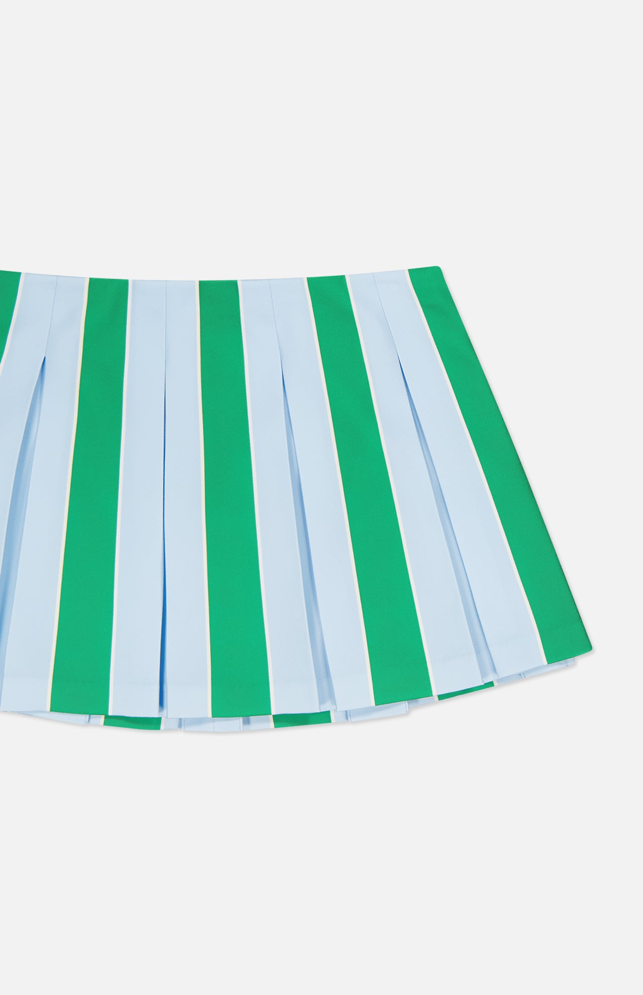 The Emilie Low Rise Wide Pleated Mini Skirt by ALICE + OLIVIA features blue and green stripes with alternating vertical pleats in a preppy knit style, displayed on a white background.