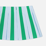 The Emilie Low Rise Wide Pleated Mini Skirt by ALICE + OLIVIA features blue and green stripes with thin white lines, alternating pleats, and structured fabric. It’s styled flat on a white background for a crisp, preppy look.