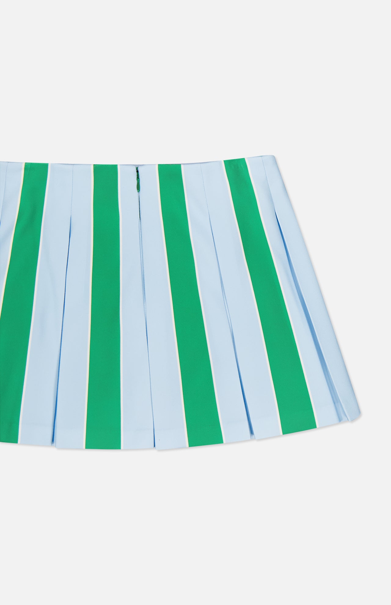 The Emilie Low Rise Wide Pleated Mini Skirt by ALICE + OLIVIA features blue and green stripes with thin white lines, alternating pleats, and structured fabric. It’s styled flat on a white background for a crisp, preppy look.