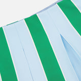 Close-up of the Emilie Low Rise Wide Pleated Mini Skirt by ALICE + OLIVIA, featuring green and light blue vertical stripes separated by thin white lines. The fabric has a smooth texture and structured, preppy look.