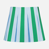 The Emilie Low Rise Wide Pleated Mini Skirt by ALICE + OLIVIA features a preppy knit design with alternating light blue and green vertical stripes on a crisp white background.