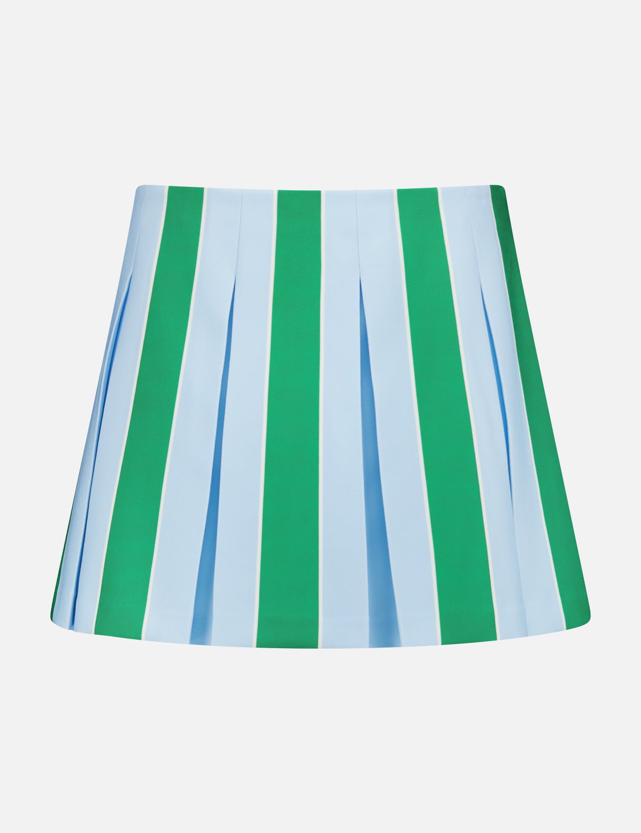 The Emilie Low Rise Wide Pleated Mini Skirt by ALICE + OLIVIA features a preppy knit design with alternating light blue and green vertical stripes on a crisp white background.