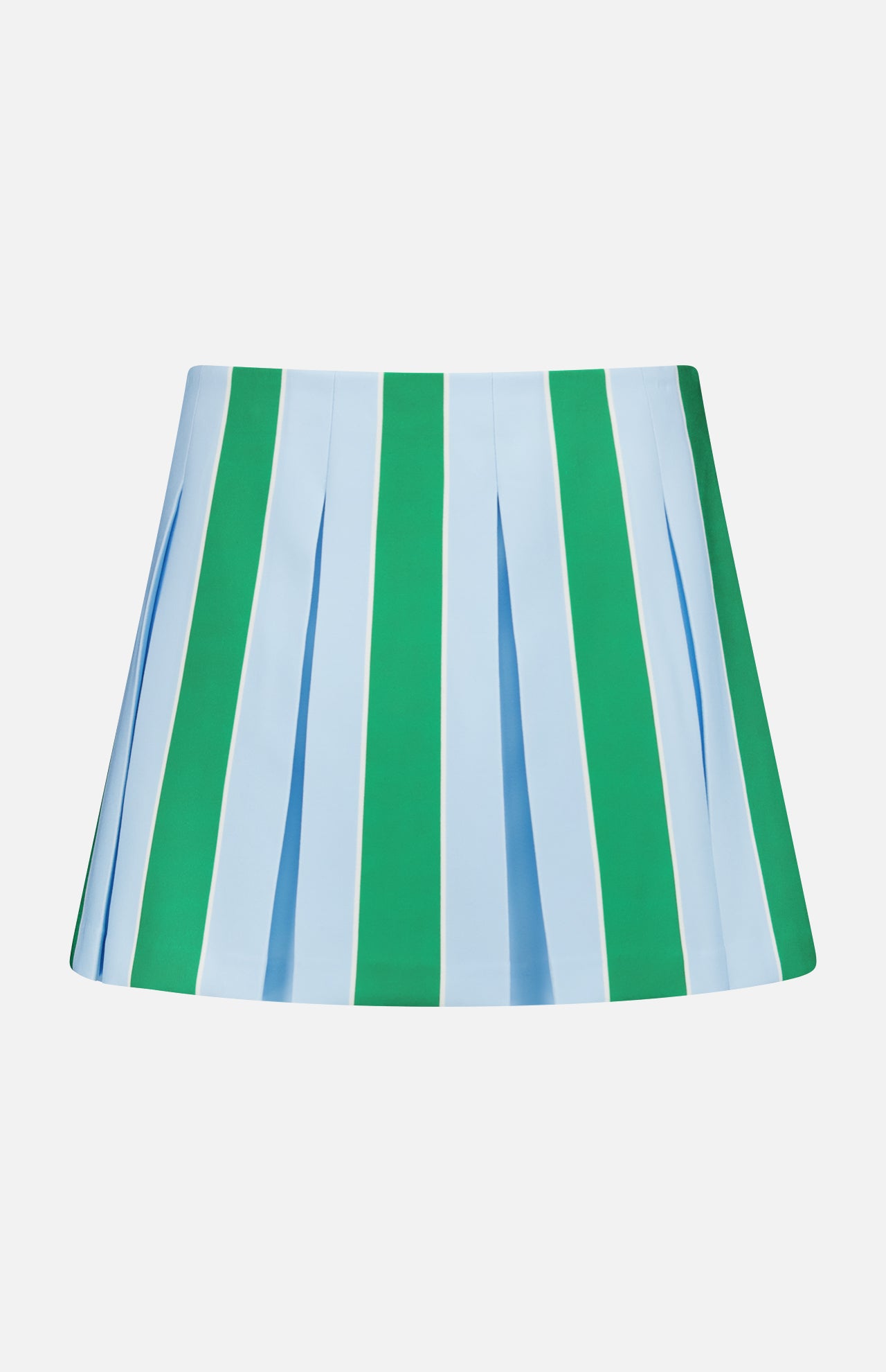 The Emilie Low Rise Wide Pleated Mini Skirt by ALICE + OLIVIA features a preppy knit design with alternating light blue and green vertical stripes on a crisp white background.