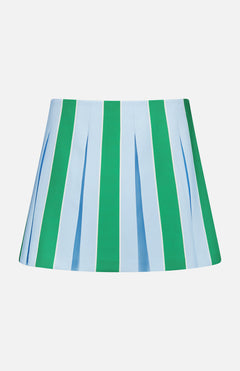The Emilie Low Rise Wide Pleated Mini Skirt by ALICE + OLIVIA features a preppy knit design with alternating light blue and green vertical stripes on a crisp white background.