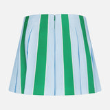 The Emilie Low Rise Wide Pleated Mini Skirt by ALICE + OLIVIA features blue and green stripes, wide vertical pleats, a low-rise waist, and a flared silhouette for a playful, preppy vibe.
