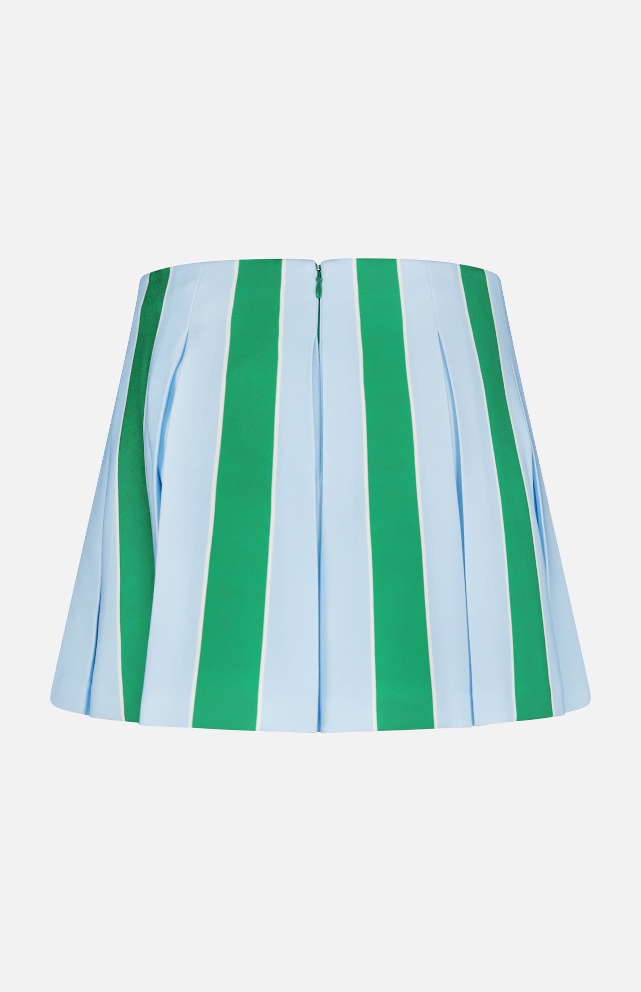 The Emilie Low Rise Wide Pleated Mini Skirt by ALICE + OLIVIA features blue and green stripes, wide vertical pleats, a low-rise waist, and a flared silhouette for a playful, preppy vibe.