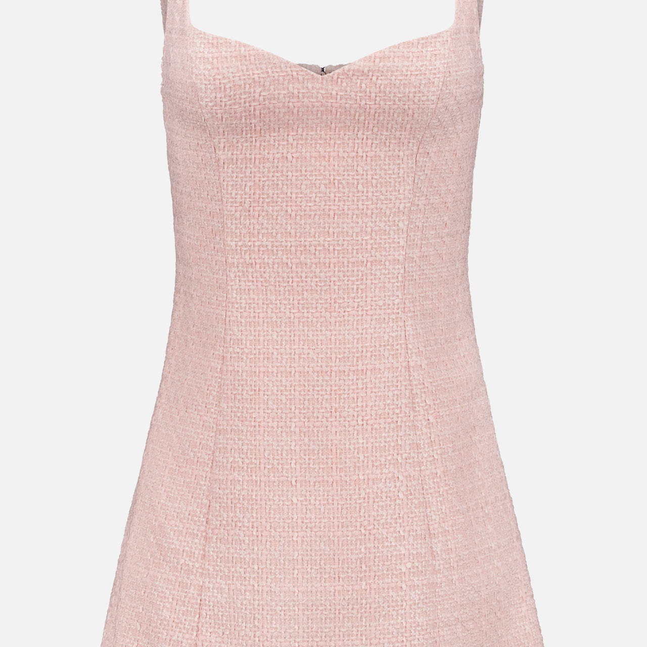 The Eve Sweetheart Mini Dress by ALICE + OLIVIA is a sleeveless pastel pink mini dress with a fitted bodice, sweetheart neckline, flared hem, and textured fabric, shown on a plain white background.