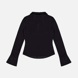 The Freya Embell Fitted Nipped Waist Shirt by ALICE + OLIVIA features a fitted silhouette, sparkly details, flared cuffs, and a short collar. Shown flat on white background with the back of this chic women’s top visible.