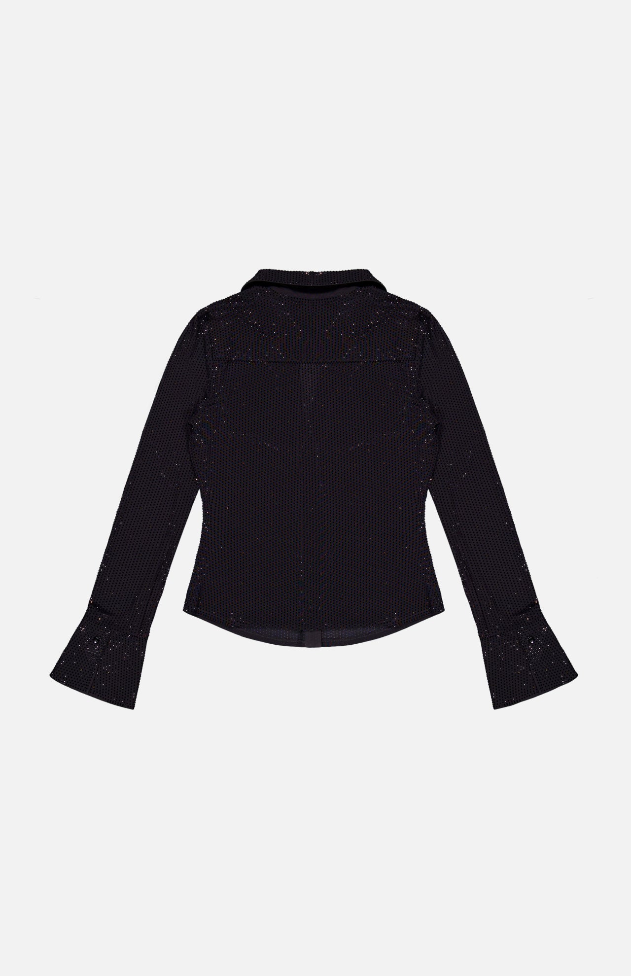 The Freya Embell Fitted Nipped Waist Shirt by ALICE + OLIVIA features a fitted silhouette, sparkly details, flared cuffs, and a short collar. Shown flat on white background with the back of this chic women’s top visible.