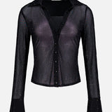 The Freya Embell Fitted Nipped Waist Shirt by ALICE + OLIVIA is a sheer black long-sleeve blouse with glitter accents and flared cuffs, shown on a plain white background—perfect for elevating any look.