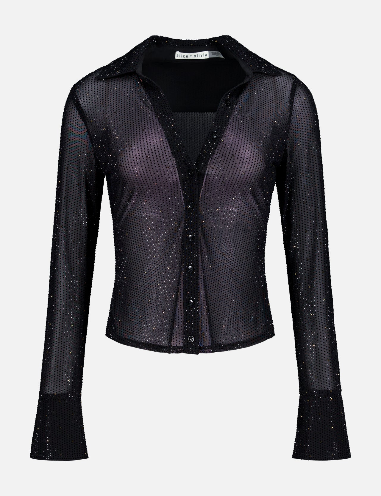 The Freya Embell Fitted Nipped Waist Shirt by ALICE + OLIVIA is a sheer black long-sleeve blouse with glitter accents and flared cuffs, shown on a plain white background—perfect for elevating any look.