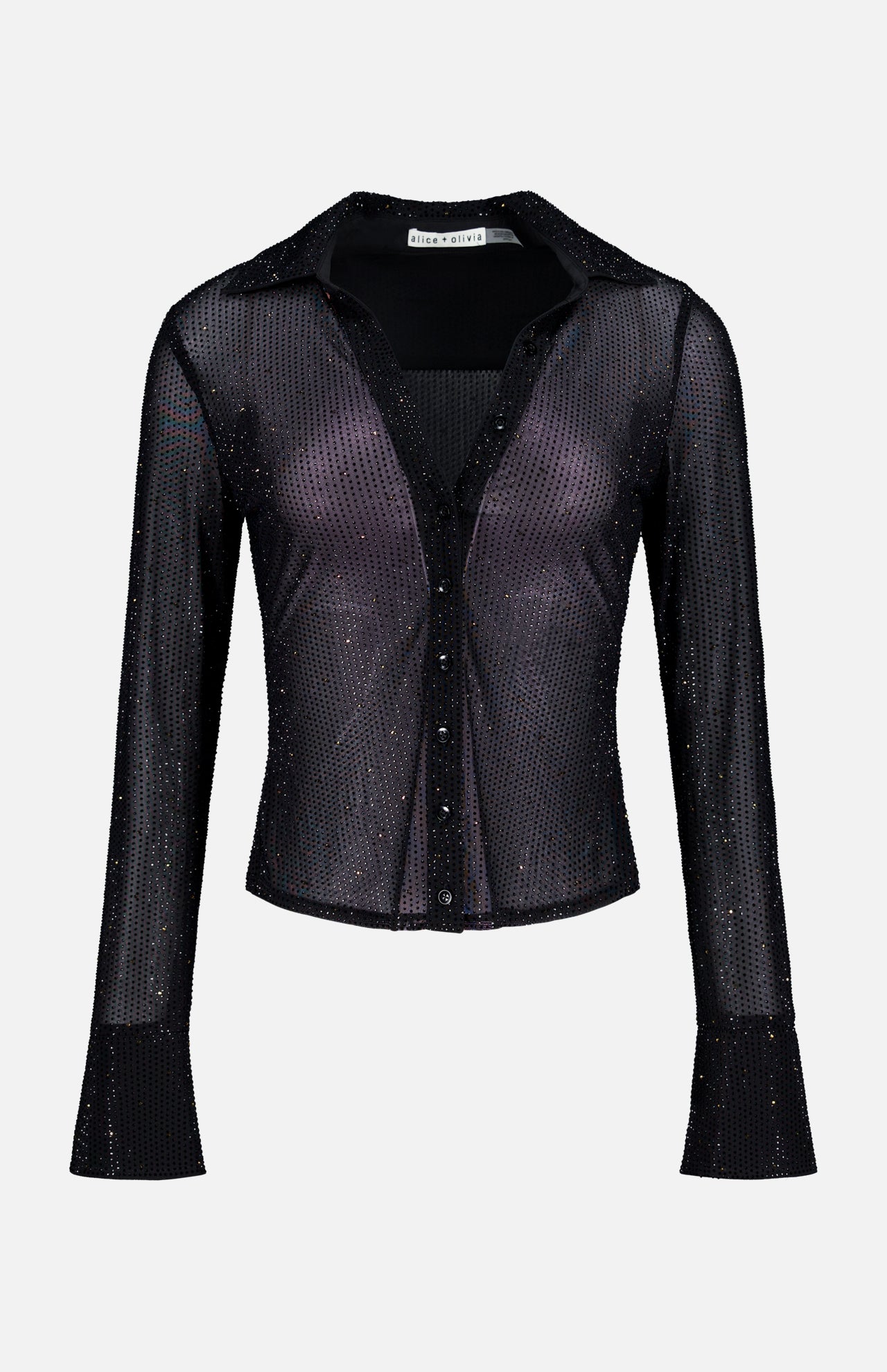 The Freya Embell Fitted Nipped Waist Shirt by ALICE + OLIVIA is a sheer black long-sleeve blouse with glitter accents and flared cuffs, shown on a plain white background—perfect for elevating any look.