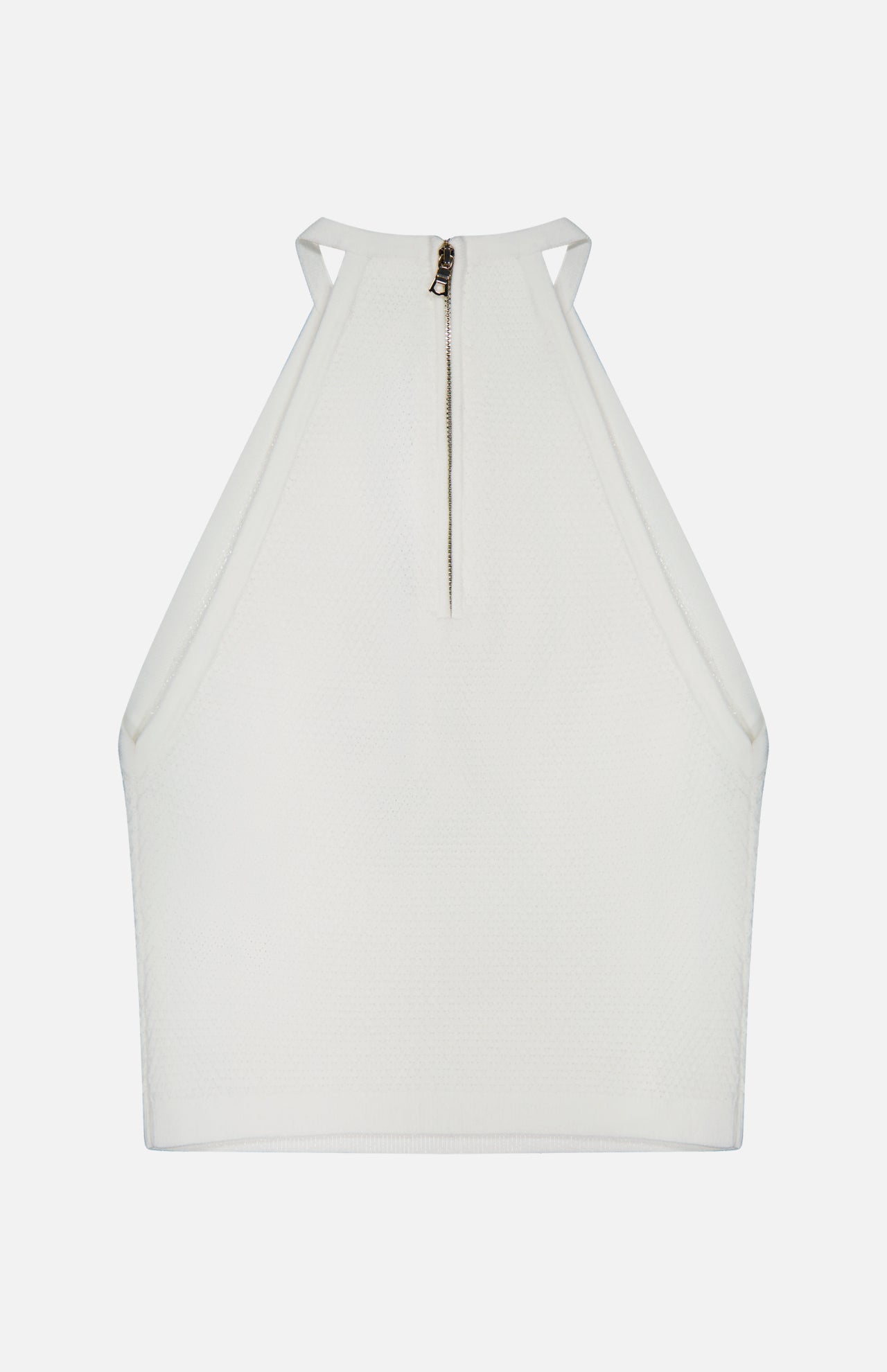 The Heidi Halter Neck Tank Top by ALICE + OLIVIA is a white, sleeveless crop top with a high neckline, textured fabric, and visible back zipper—bringing quiet luxury style and modern simplicity to the classic white tank.