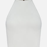 The ALICE + OLIVIA Heidi Halter Neck Tank Top is a sleeveless white crop with textured, fitted fabric, a high neckline, and a subtle back zipper—an elevated take on the classic tank.