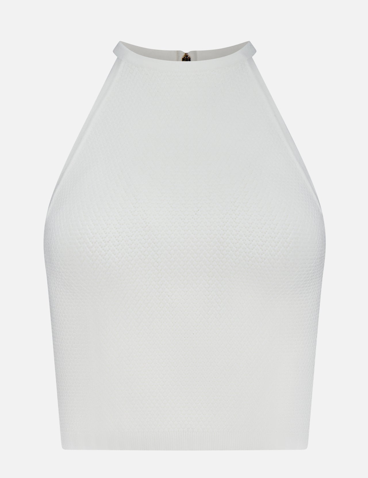 The ALICE + OLIVIA Heidi Halter Neck Tank Top is a sleeveless white crop with textured, fitted fabric, a high neckline, and a subtle back zipper—an elevated take on the classic tank.