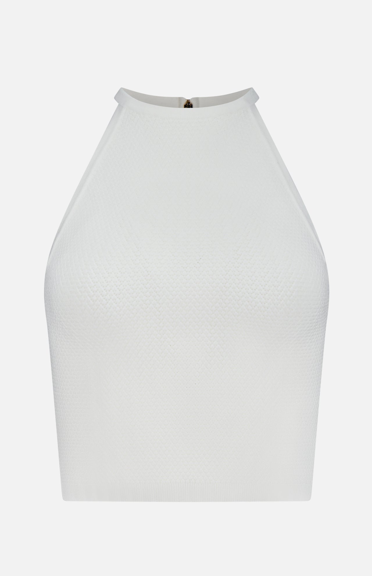 The ALICE + OLIVIA Heidi Halter Neck Tank Top is a sleeveless white crop with textured, fitted fabric, a high neckline, and a subtle back zipper—an elevated take on the classic tank.
