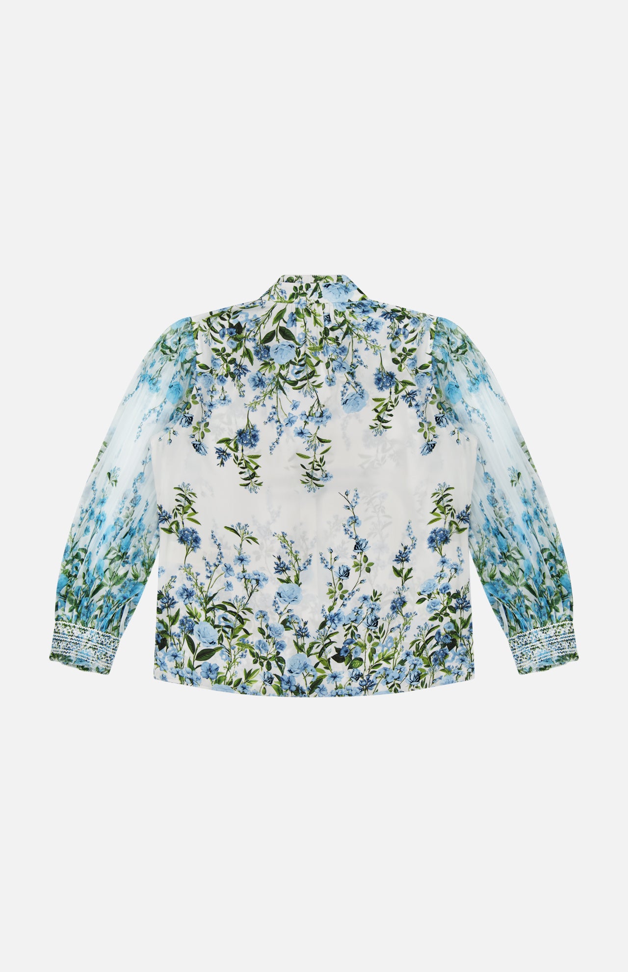 The ALICE + OLIVIA Ilan Pleated Blouson Sleeve Button Front Blouse features a romantic floral print with blue flowers and green leaves on white, pleated long sleeves, a collar, and is shown from the back.