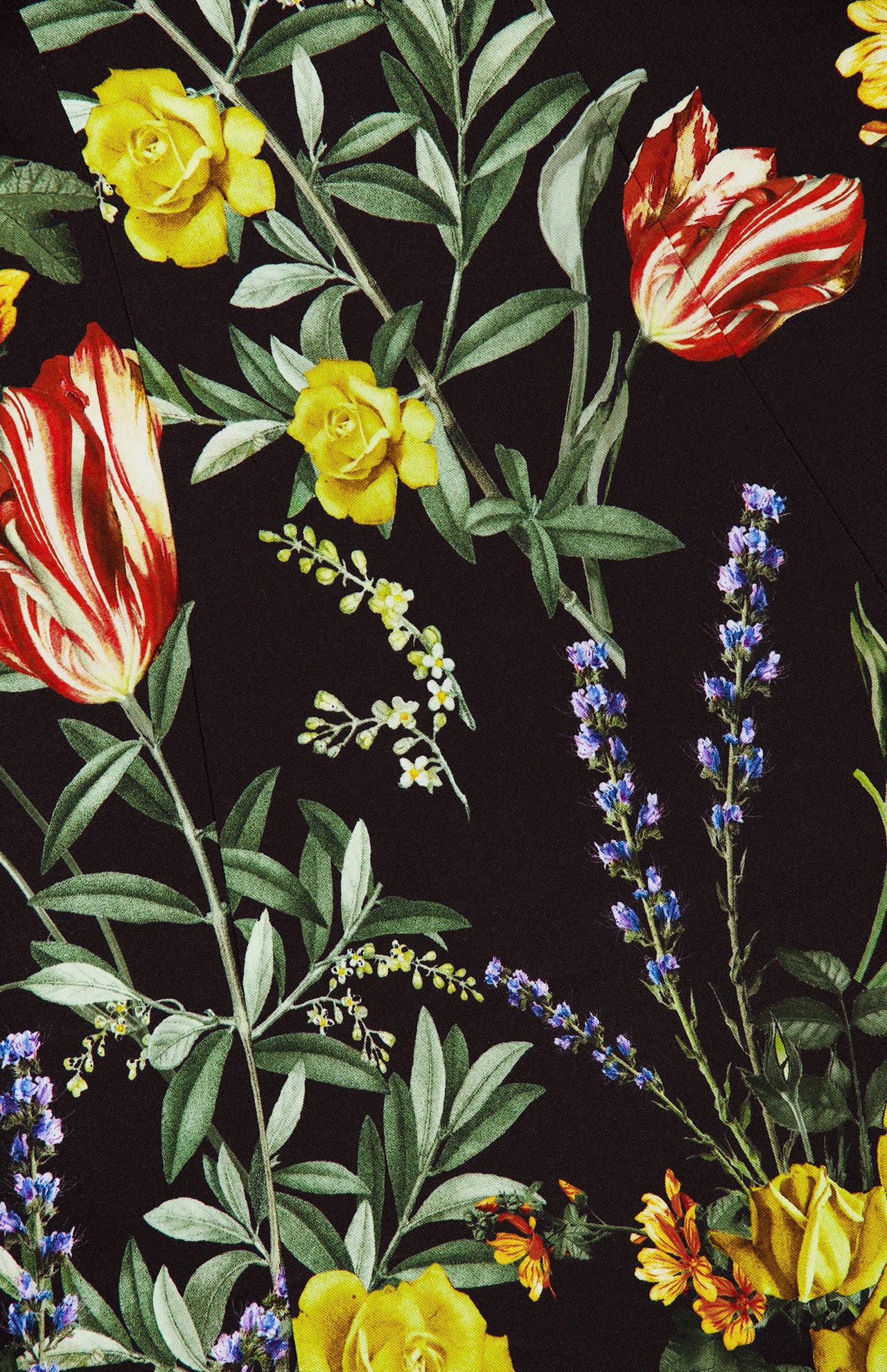 The Julia Scoop Neck Mini Dress by ALICE + OLIVIA features a vibrant, colorful floral pattern with yellow roses, red and white tulips, lavender, and green leaves on a black background. This eye-catching design covers the stretchy twill fabric in a classic mini dress silhouette, with dense overlapping flowers and foliage for a bold statement look.