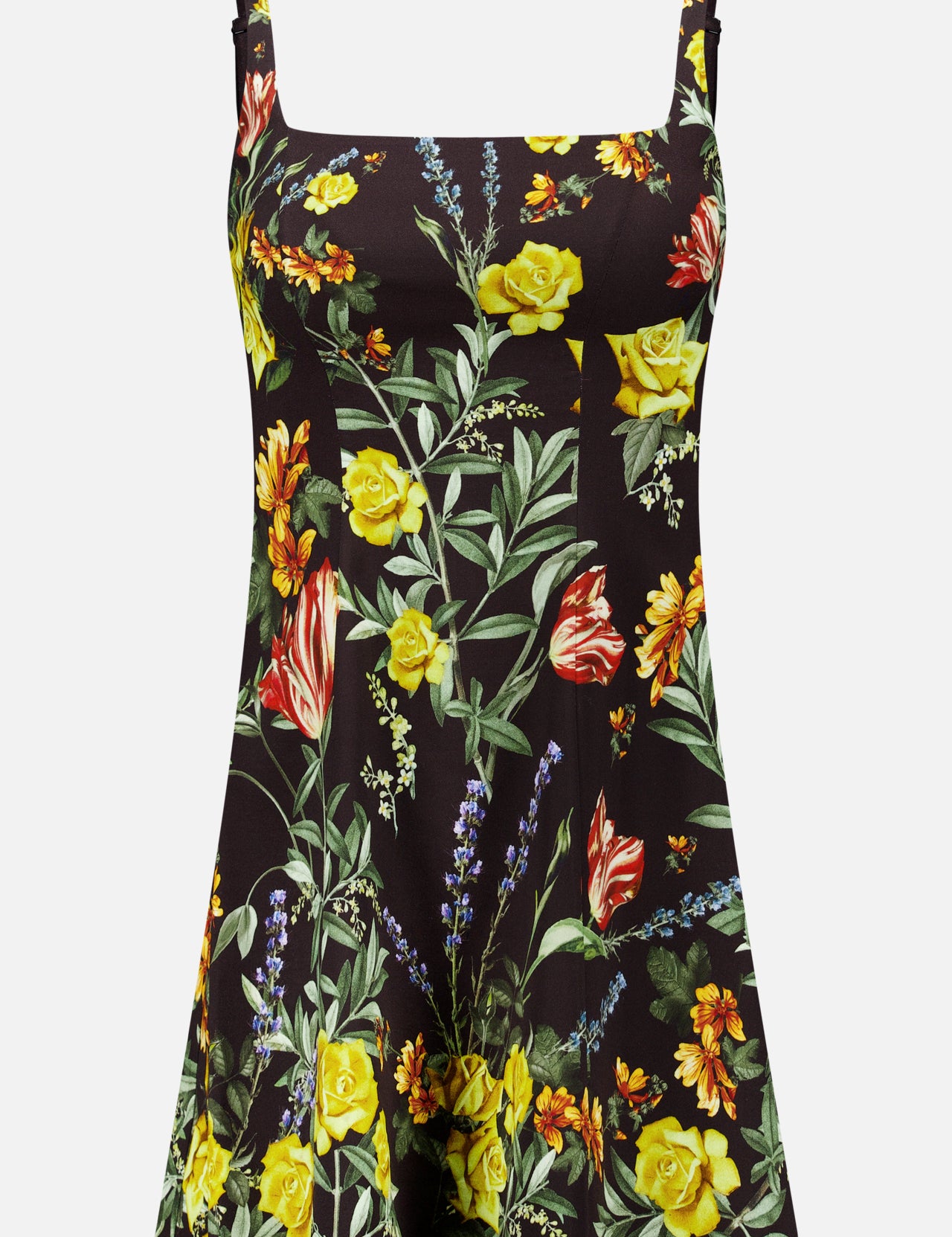 The Julia Scoop Neck Mini Dress by ALICE + OLIVIA is a sleeveless black mini dress featuring a square neckline and a vibrant floral pattern with yellow, red, orange, and purple flowers accented by green leaves. Crafted from stretchy twill fabric, this dress combines comfort and style for any occasion.