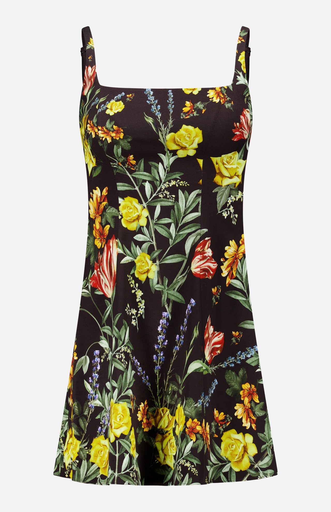 The Julia Scoop Neck Mini Dress by ALICE + OLIVIA is a sleeveless black mini dress featuring a square neckline and a vibrant floral pattern with yellow, red, orange, and purple flowers accented by green leaves. Crafted from stretchy twill fabric, this dress combines comfort and style for any occasion.