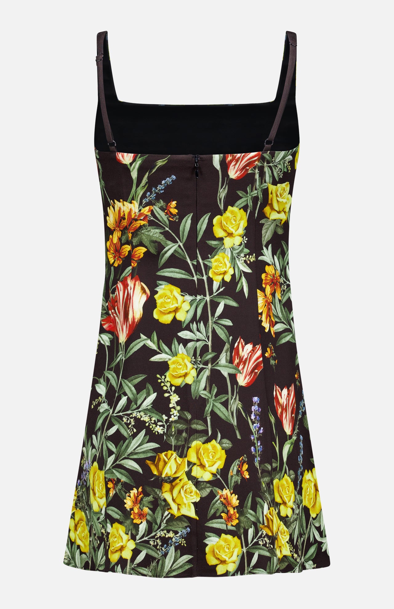 The Julia Scoop Neck Mini Dress by ALICE + OLIVIA is a sleeveless black mini dress with thin shoulder straps, adorned with a vibrant floral print in yellow, red, and orange flowers with green leaves.