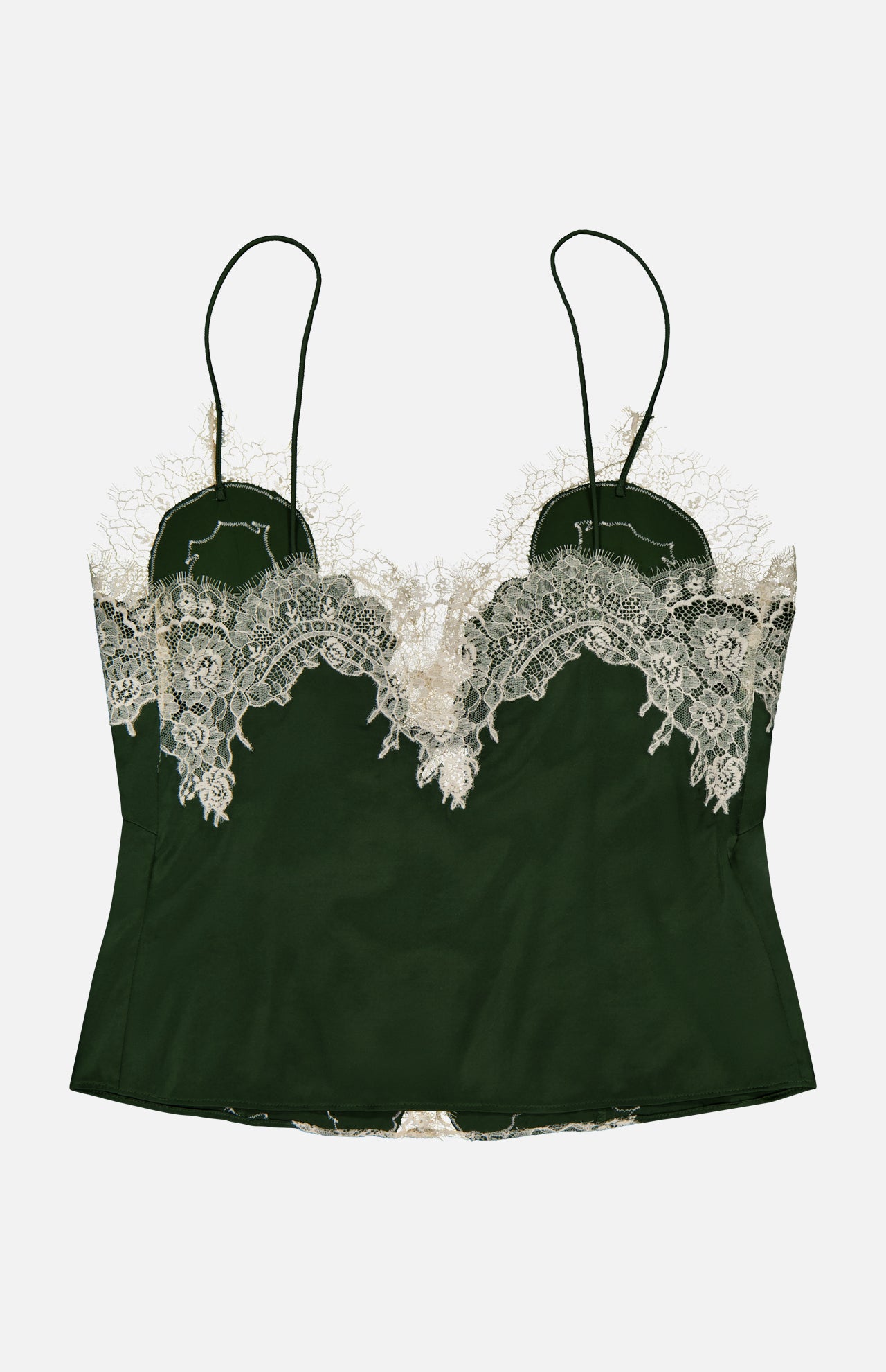 The Julietta Button Front Cutaway Lace Slip Top by ALICE + OLIVIA features a dark green hue with thin shoulder straps and delicate cream lace trim along the neckline and top edge, shown against a white background. This lingerie-inspired piece brings an elegant touch to any wardrobe.