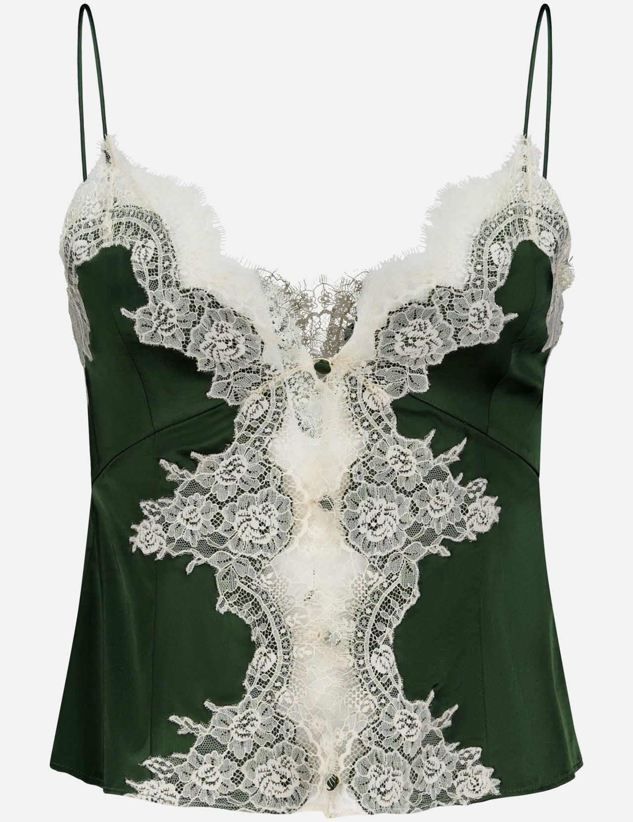 The Julietta Button Front Cutaway Lace Slip Top by ALICE + OLIVIA features a dark green satin finish, thin straps, and intricate white lace detailing along the front and neckline for a stylish, elegant, lingerie-inspired look.