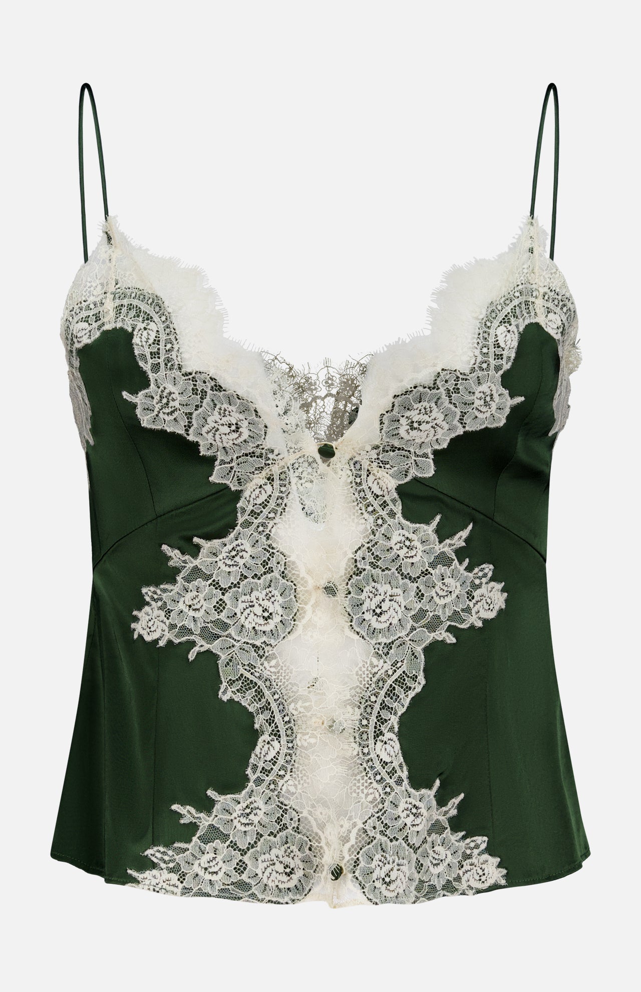 The Julietta Button Front Cutaway Lace Slip Top by ALICE + OLIVIA features a dark green satin finish, thin straps, and intricate white lace detailing along the front and neckline for a stylish, elegant, lingerie-inspired look.