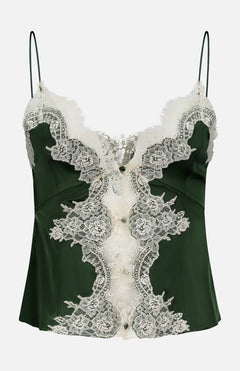The Julietta Button Front Cutaway Lace Slip Top by ALICE + OLIVIA features a dark green satin finish, thin straps, and intricate white lace detailing along the front and neckline for a stylish, elegant, lingerie-inspired look.