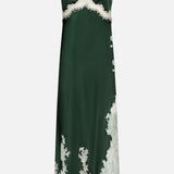 The Julietta Cutaway Lace Trim Slip Dress by ALICE + OLIVIA is an elegant emerald dark green satin midi dress, featuring delicate ivory lace trim along the bust, sides, and hem. Designed with thin black shoulder straps, this luxurious slip dress falls to a flattering midi length.